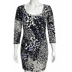 Forever 21 Womens Dress Size M Blue Black Leopard Print Mini 3/4 Sleeve Y2K Club
